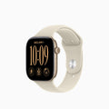 A smartwatch with a black rectangular display and a light beige sport band, shown on a plain light gray background.