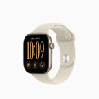 A smartwatch with a black rectangular display and a light beige sport band, shown on a plain light gray background.