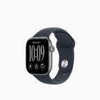 A smartwatch with a dark navy blue band and a silver-toned case, shown at a three-quarter angle against a plain white background.