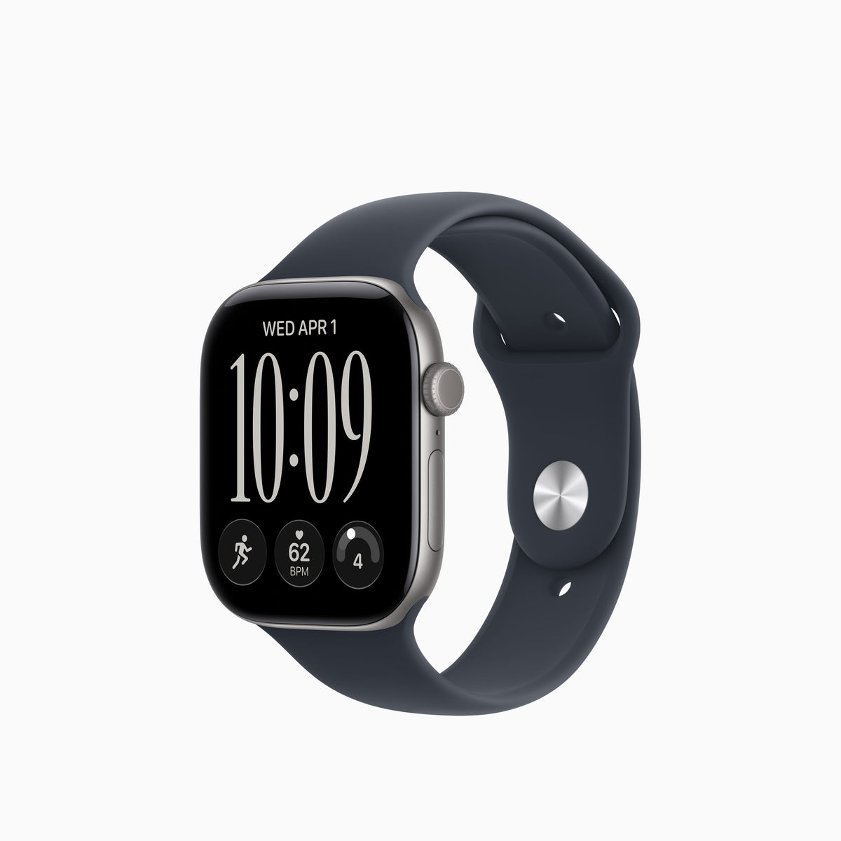 A smartwatch with a dark navy blue sport band and a silver-toned case, shown at a three-quarter angle against a plain white background.